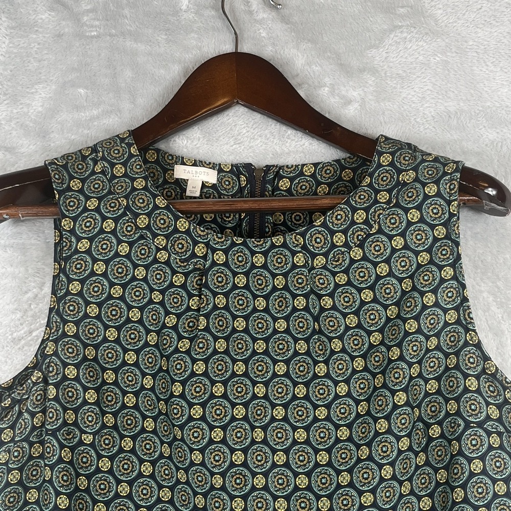Talbots Womens M Sleeveless Boho Top Medallion Navy Teal Festival Tank Zipper - Picture 2 of 7